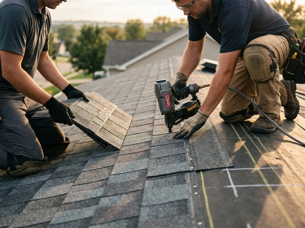 Professional roofer working on a residential roof in Laughlin